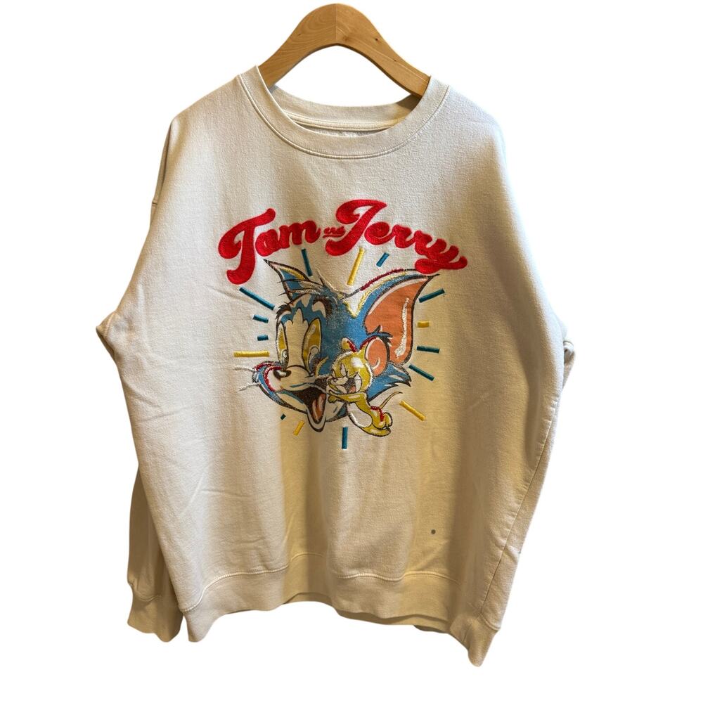 Vintage Style Tom & Jerry Cream Sweatshirt Unisex M-L Graphic Crewneck Cartoon